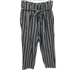 Madewell Striped Linen Blend Paperbag Pants Size 8 Pleated Indigo Stripe Belted